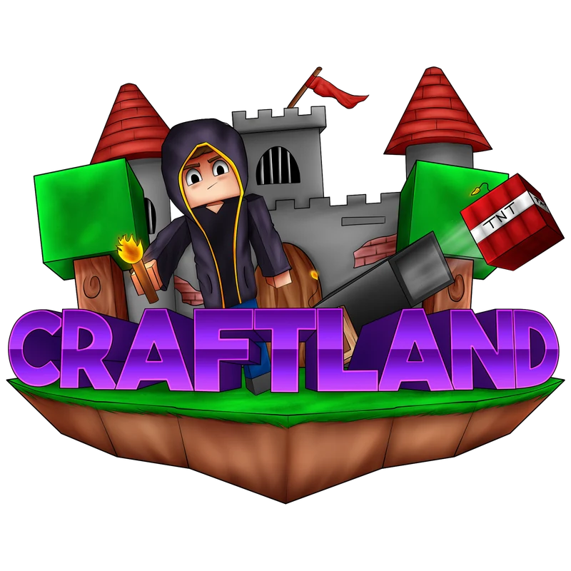 Logo de Craftland: jugador con antorcha sobre una isla flotante frente a un castillo